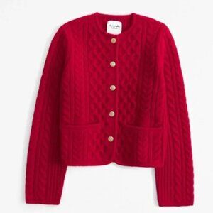 NWT Women Abercrombie Cable Knit Sweater Jacket Red Button Front Wool Blend XXS